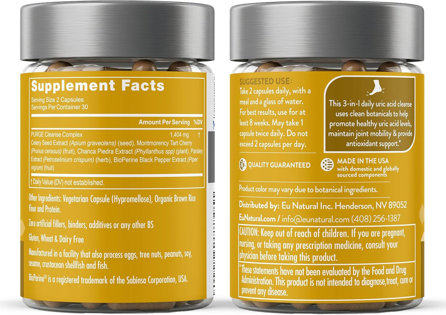 Eu Natural Purge Uric Acid Flush - Eat & Drink What You Want - Uric Acid Support for Joints & Mobility with Celery Seed, Tart Cherry & Chanca Piedra - 60 Vegetarian Capsules