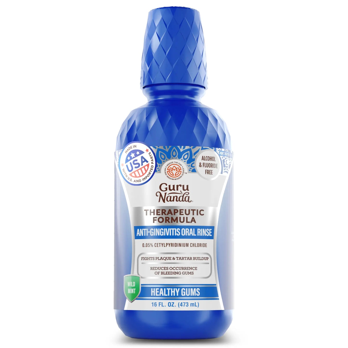 GuruNanda Healthy Gums Mouthwash for Gingivitis & Bleeding Gums – Antigingivitis Oral Rinse with 0.05% CPC – Alcohol-Free, Fluoride-Free Plaque Control – Wild Mint, 16 oz