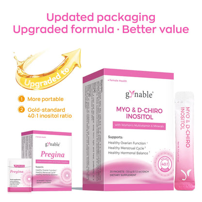Gynable Inositol Supplement 40:1 Myo-Inositol D-Chiro-Inositol Folate women's supplements for Preparing for pregnancy,Fertility PCOS Cycle Balance PMS Hormonal Acne 20 Packets Vegan Non-GMO - Optimum Edible Dietary Vitamin Fitness Healthcare