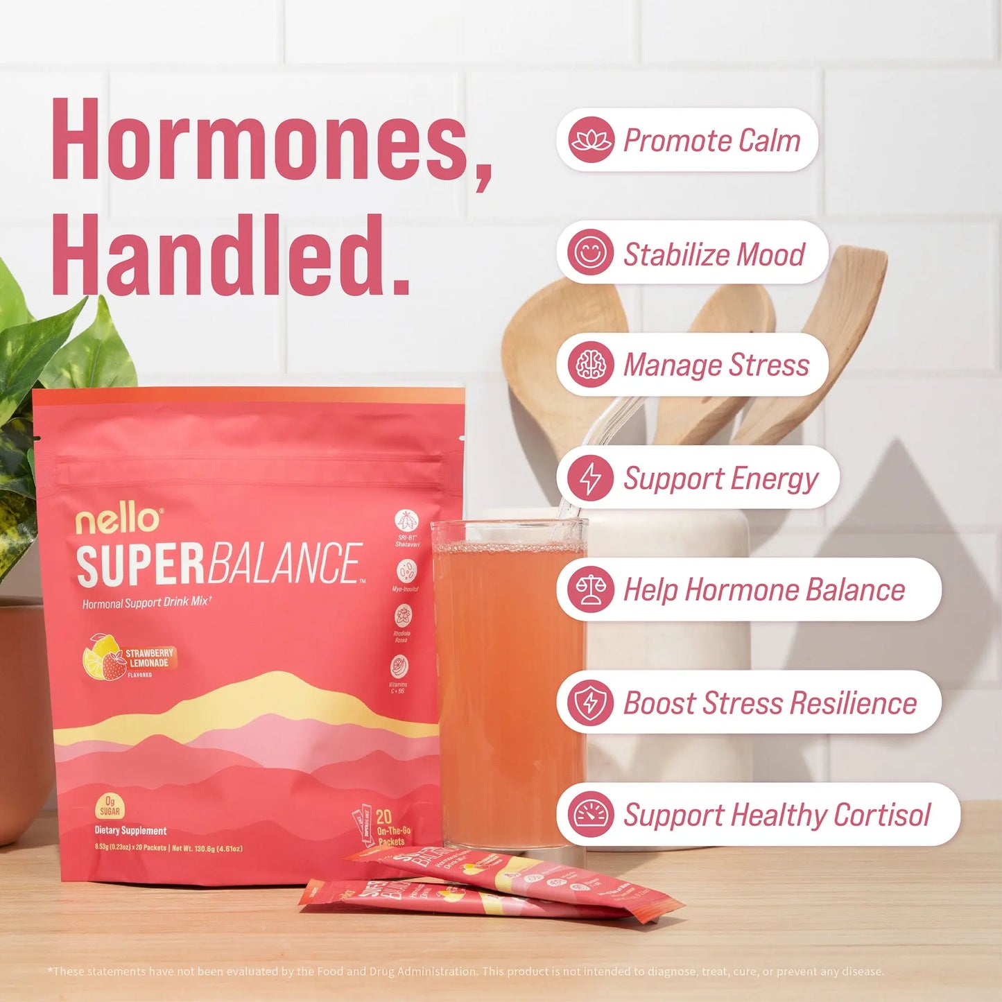 Nello Superbalance Hormonal Support Drink Mix, 20 Travel Packets, SRI-81 Shatavari, Myo-Inositol, Rhodiola Rosea, Vitamin C, Magnesium, Theobromine, Vitamin B6/C