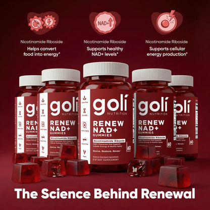 Goli Renew NAD+ (NR) Gummies. Clinically Studied NR Nicotinamide Riboside, Healthy Aging & Cellular Energy. Gluten Free, Non-GMO, Gelatin-Free, Vegan.
