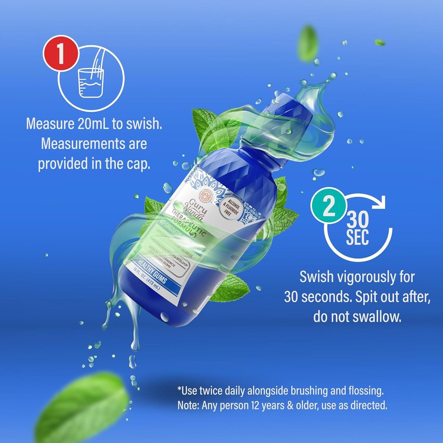 GuruNanda Healthy Gums Mouthwash for Gingivitis & Bleeding Gums – Antigingivitis Oral Rinse with 0.05% CPC – Alcohol-Free, Fluoride-Free Plaque Control – Wild Mint, 16 oz