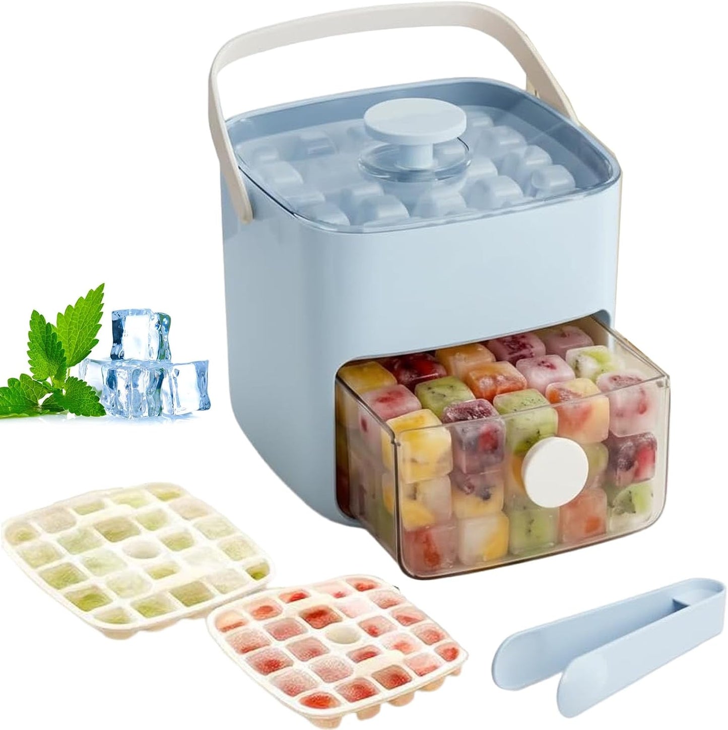 48 Cube Ice Maker With Easy Press Lid, Double Layer Portable Ice Cube Container with Lid and Storage Box for Freezer, Handled Press-Type Ice Cube Tray with Lid and Bin for Whiskey, Cocktail