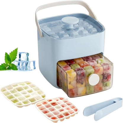 48 Cube Ice Maker With Easy Press Lid, Double Layer Portable Ice Cube Container with Lid and Storage Box for Freezer, Handled Press-Type Ice Cube Tray with Lid and Bin for Whiskey, Cocktail