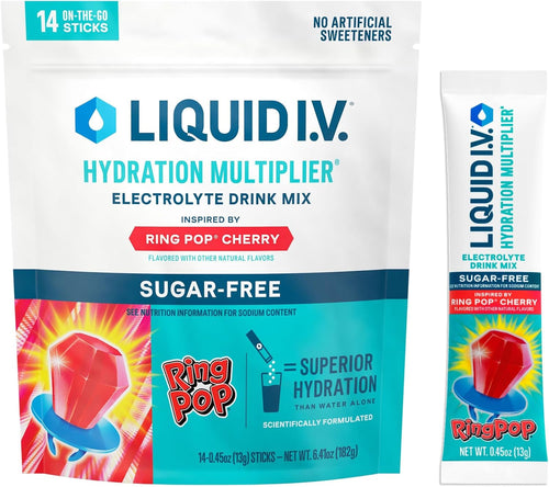 Liquid I.V. Sugar-Free Hydration Multiplier - Ring Pop Cherry - Hydration Powder Packets | Electrolyte Powder Drink Mix | Convenient Single-Serving Sticks | 8 Vitamins & Nutrients | 1 Pack (14 Servings)