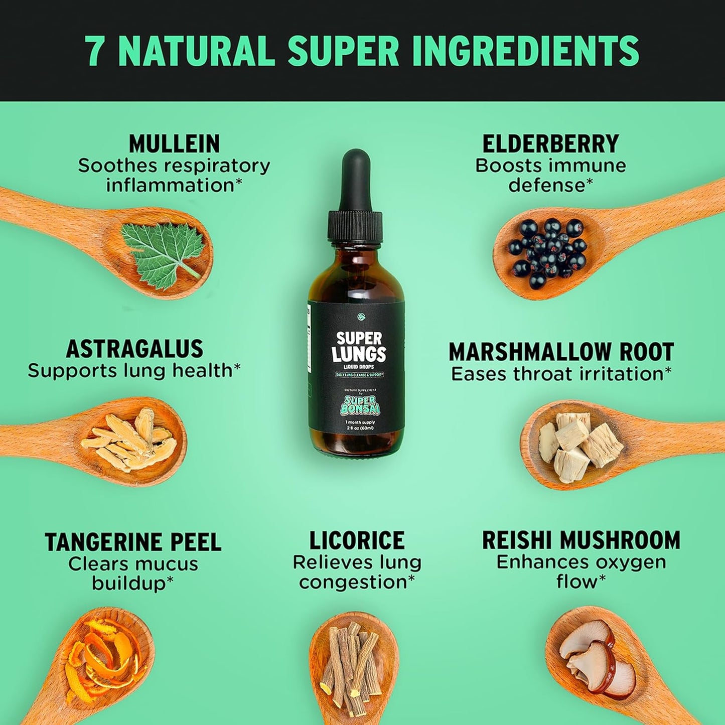 SuperBonsai Super Lungs Mullein Drops – Herbal Lung Support Tincture with Mullein Leaf Extract Elderberry Reishi Marshmallow Root – Supports Clear Breathing & Wellness – 2 oz