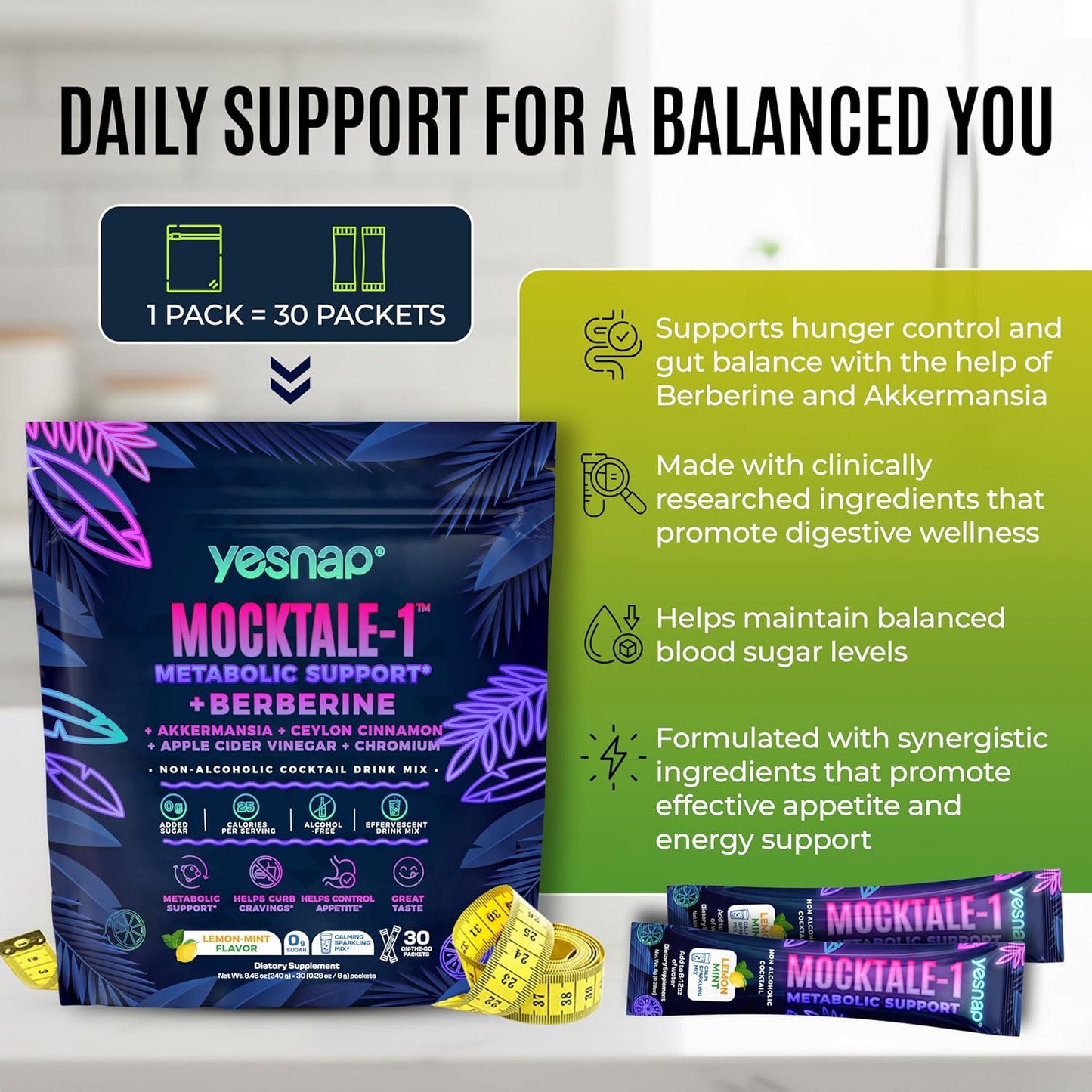 MOCKTALE-1 GLP-1 Supplement, Support Natural GLP 1 Production Drink for Weight Loss, Appetite Control & Metabolic, with Berberine, Akkermansia, Ceylon Cinnamon, Lemon Mint Flavor, 30 Packets