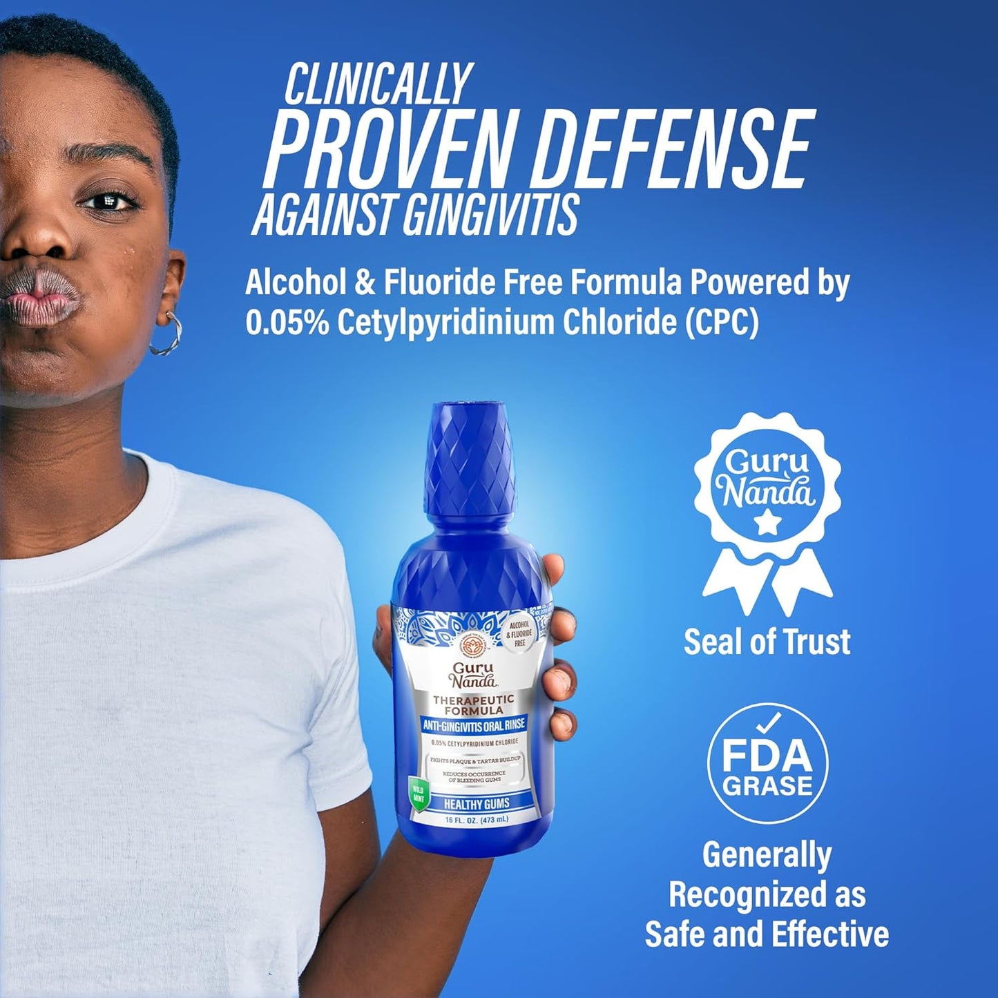 GuruNanda Healthy Gums Mouthwash for Gingivitis & Bleeding Gums – Antigingivitis Oral Rinse with 0.05% CPC – Alcohol-Free, Fluoride-Free Plaque Control – Wild Mint, 16 oz