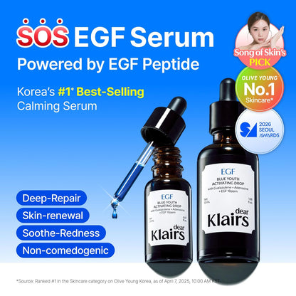 Dear Klairs Korean EGF Serum – Blue Youth Activating Drop with EGF Peptides and Guaiazulene, Repairing Serum for Redness and Blemish-prone Skin, Visibly Fades Post-Blemish Marks, 0.67 Fl Oz