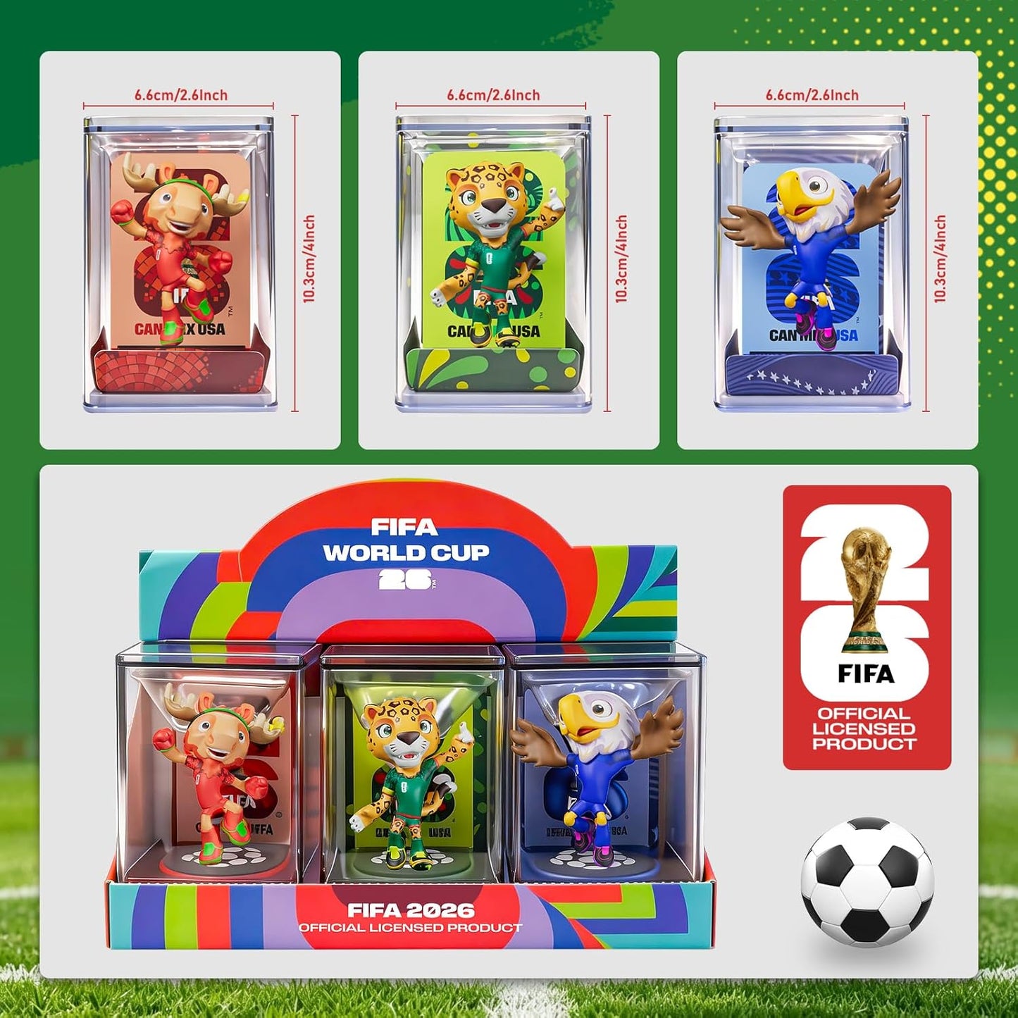 Sanyetral FIFA 2026 World Cup Official Licensed Mascot Figurines Set of 3 with Display Box (Zayu, Maple & Clutch), Official Merchandise Model Figure for Collectors