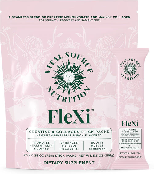 Vital Source Nutrition - Flexi - Creatine & Collagen Stick Packs - 5g Creatine Monohydrate + 1g MoriKol Collagen -Supports Strength, Recovery & Skin Health -20 Servings