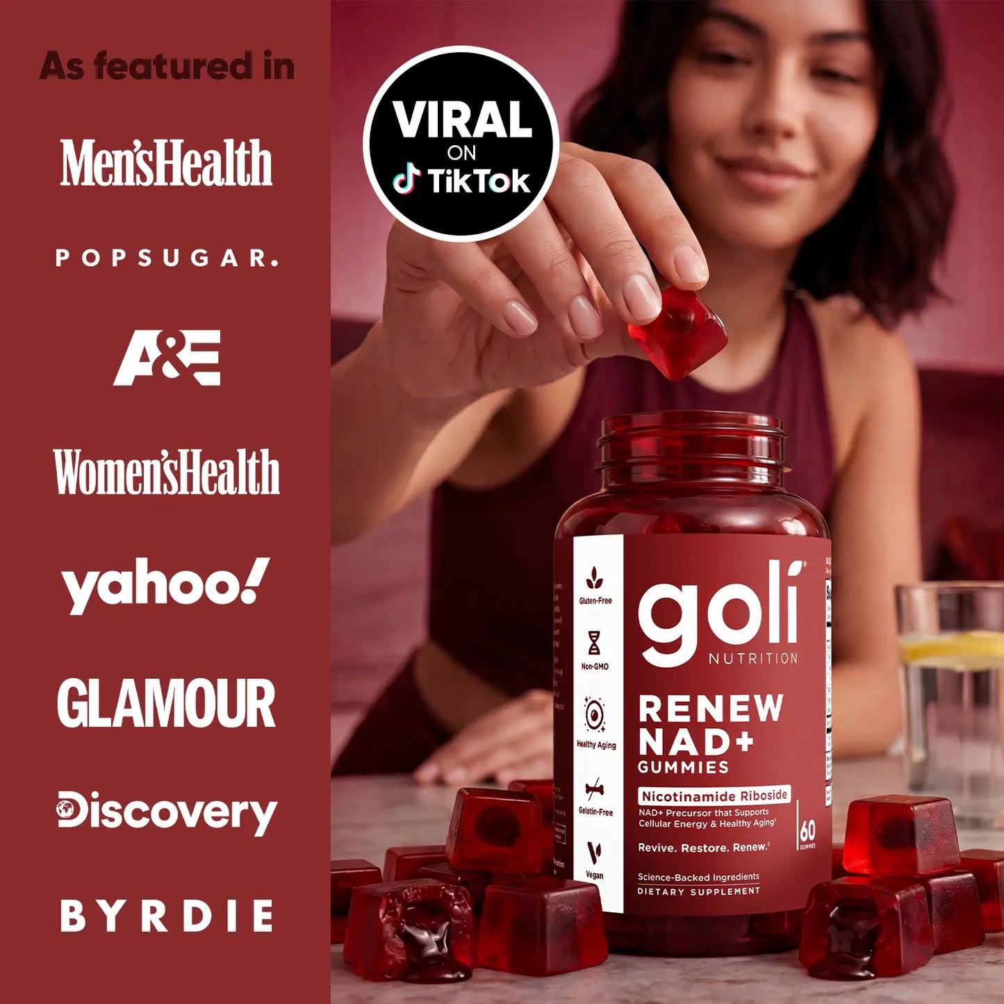 Goli Renew NAD+ (NR) Gummies. Clinically Studied NR Nicotinamide Riboside, Healthy Aging & Cellular Energy. Gluten Free, Non-GMO, Gelatin-Free, Vegan.