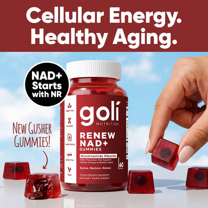 Goli Renew NAD+ (NR) Gummies. Clinically Studied NR Nicotinamide Riboside, Healthy Aging & Cellular Energy. Gluten Free, Non-GMO, Gelatin-Free, Vegan.