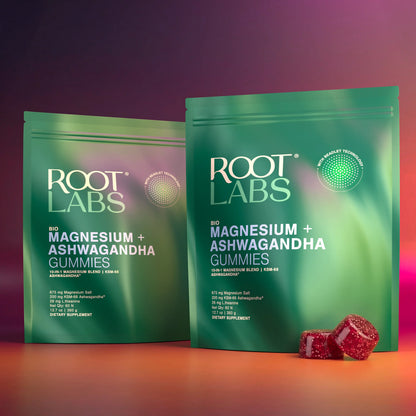Root Labs Liposomal Magnesium + Ashwagandha Gummies with Beadlet Technology | 675mg Multi-Form Magnesium Salt, 200mg KSM-66 Ashwagandha, 26mg L-Theanine | High Bioavailability Gummies | Stress Relief, Sleep Support & Recovery | 60 Gummies (30 Servings)